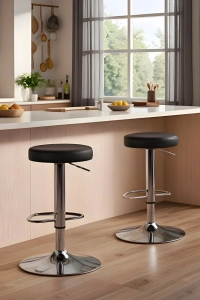 Loki Krom Tepsi Ayaklı Bar Sandalyesi (Siyah Deri)